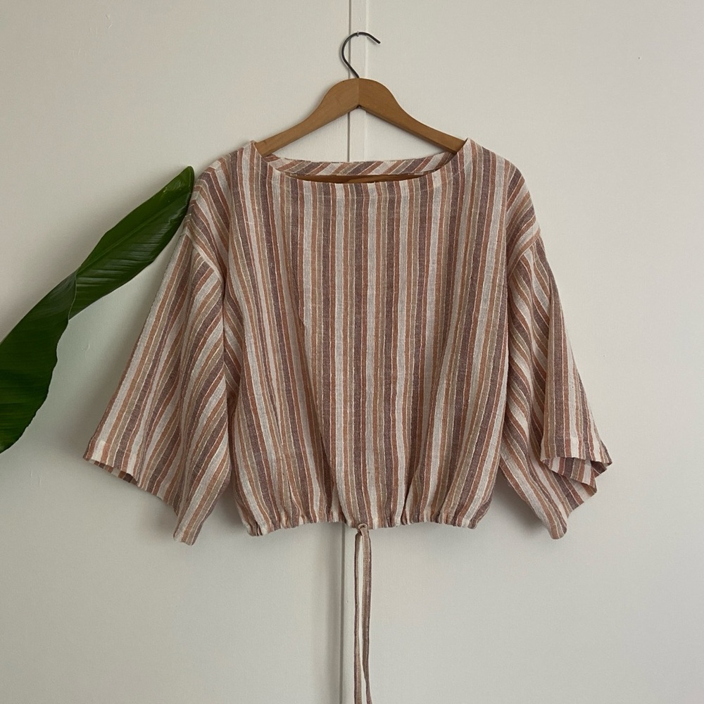 Striped Drawstring Hem Women's Top in Beige and Ivory